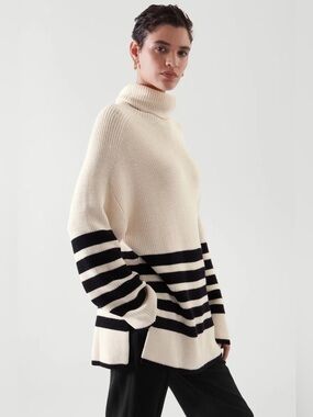 COS Wool Cotton Blend Roll Neck Turtleneck Jumper Longline Stripe Sweater Medium